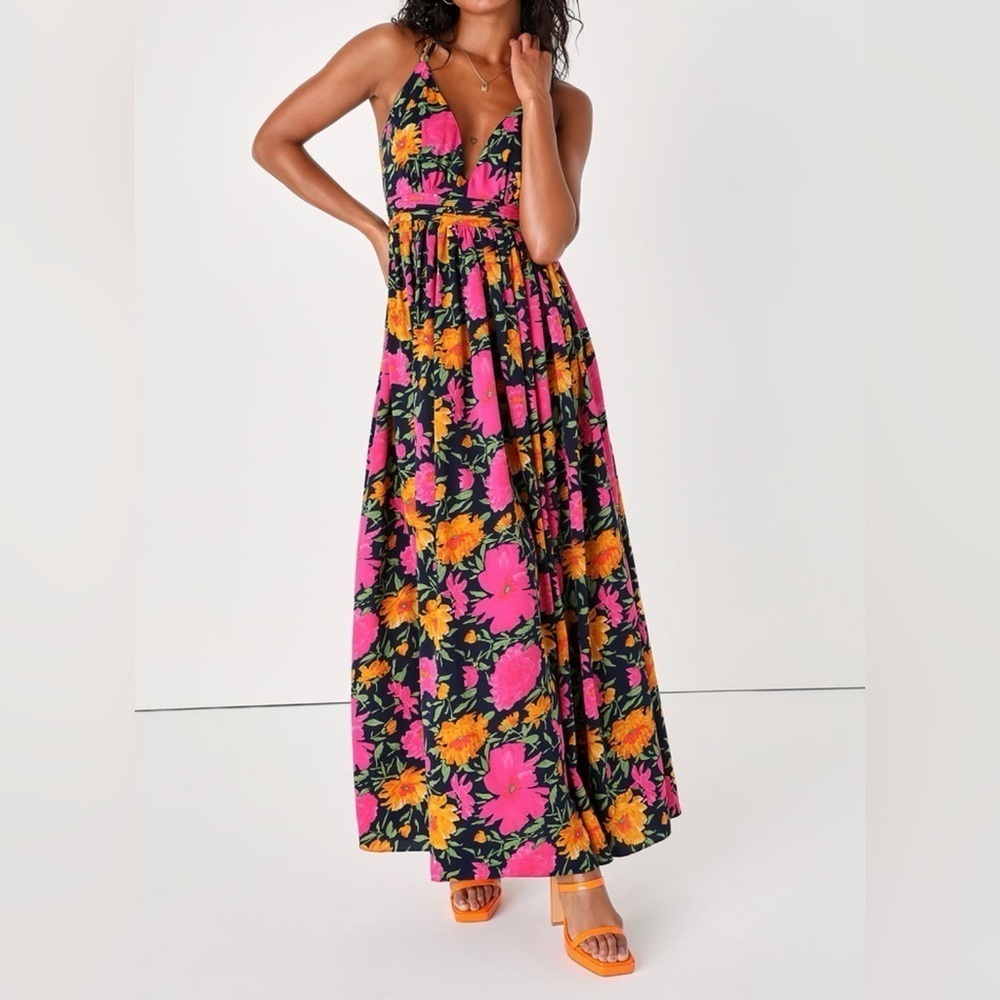 Lulu's Navy Neon Floral Print Sleeveless Strappy Maxi Dress Size Small